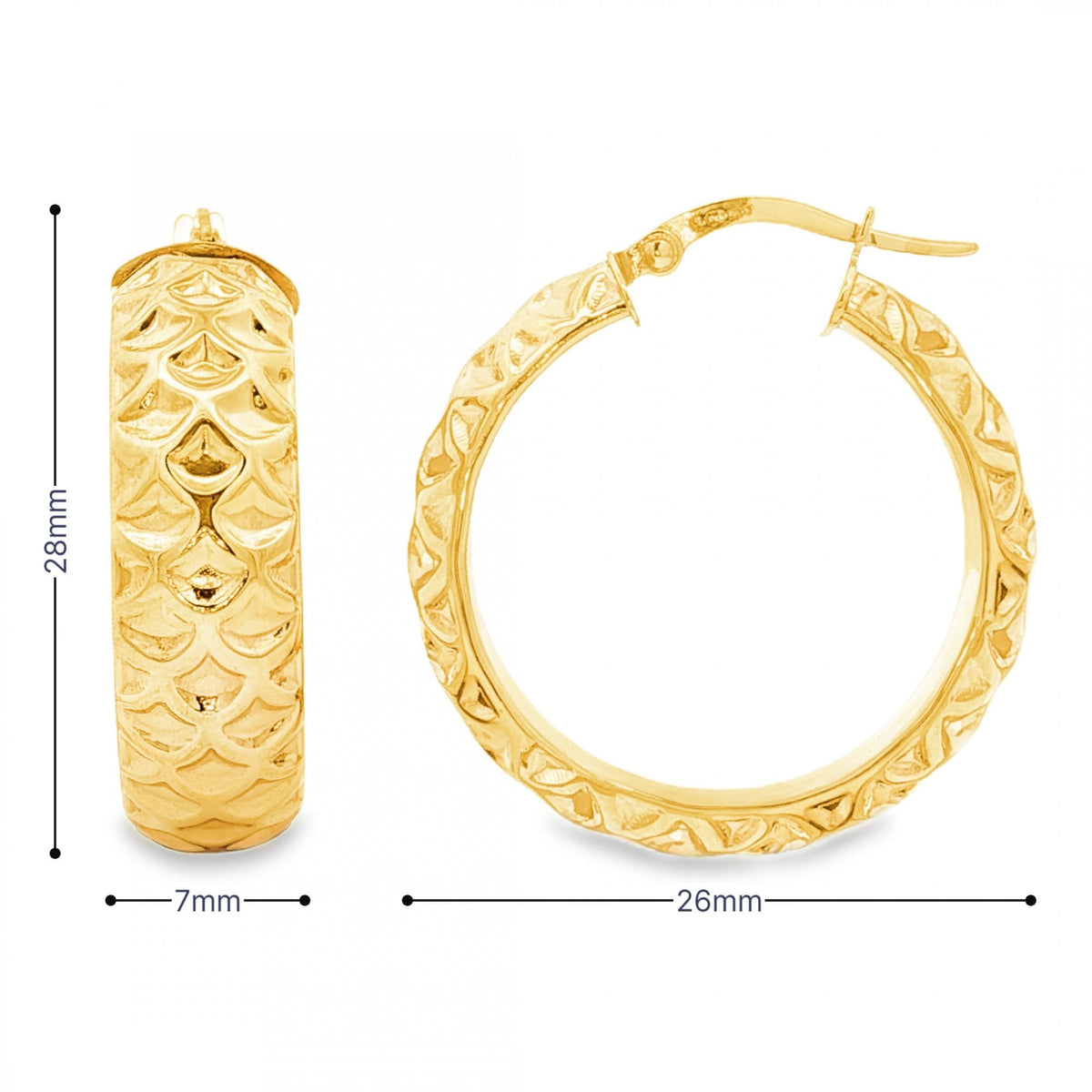 9ct Yellow Gold Large Patterned Hoop Earrings - 7x28x26mm - 3.4g