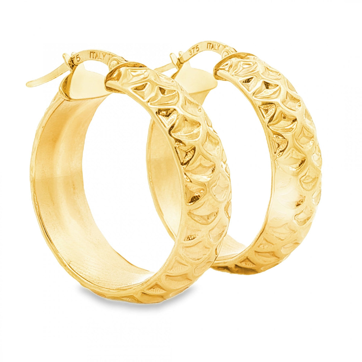 9ct Yellow Gold Large Patterned Hoop Earrings - 7x28x26mm - 3.4g
