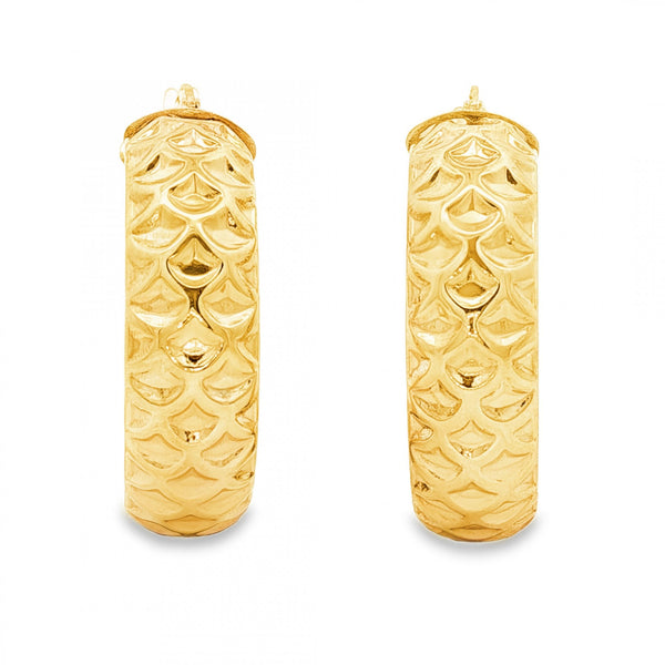 9ct Yellow Gold Large Patterned Hoop Earrings - 7x28x26mm - 3.4g