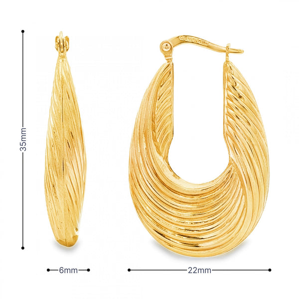 9ct Yellow Gold Twist Ribbed Bomb Hoop Earrings -6x35x22mm -3.8g