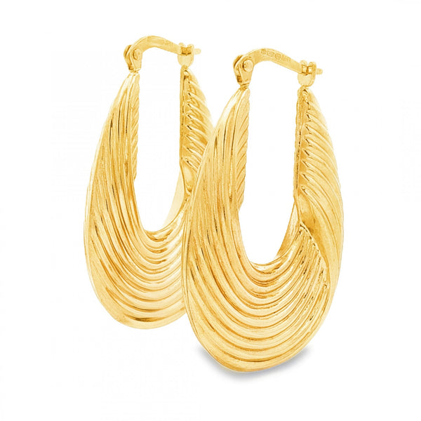 9ct Yellow Gold Twist Ribbed Bomb Hoop Earrings -6x35x22mm -3.8g