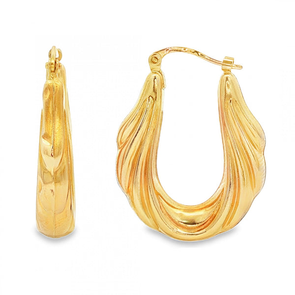 9ct Yellow Gold Hollow Ribbed Hoop Earrings - 5x26x20mm - 2.2g