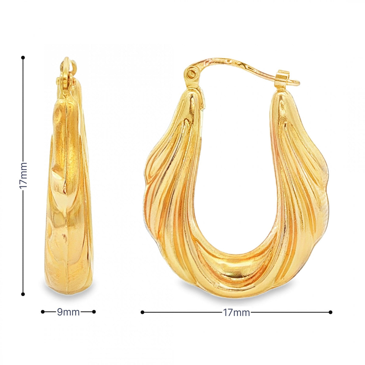 9ct Yellow Gold Hollow Ribbed Hoop Earrings - 5x26x20mm - 2.2g