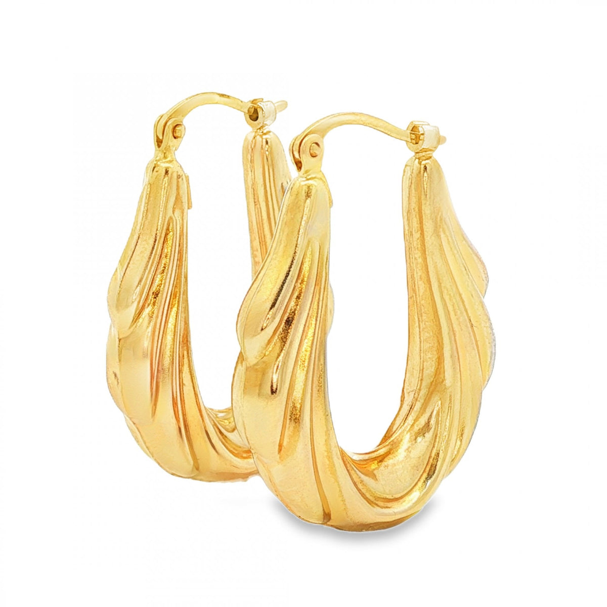 9ct Yellow Gold Hollow Ribbed Hoop Earrings - 5x26x20mm - 2.2g