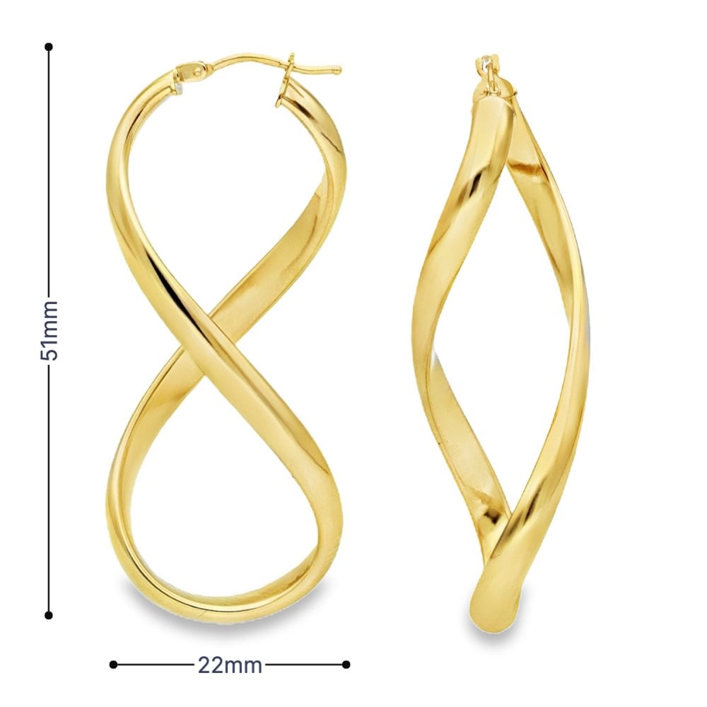 9ct Yellow Gold Figure Of Eight Hoop Earrings - 22x51x16mm -3.0g
