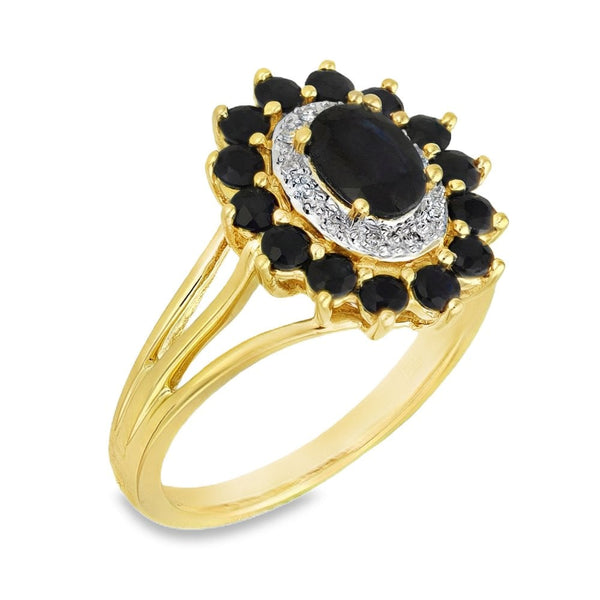 9ct Yellow Gold Sapphire & Diamond Cluster Ring - Size R - 4.7g