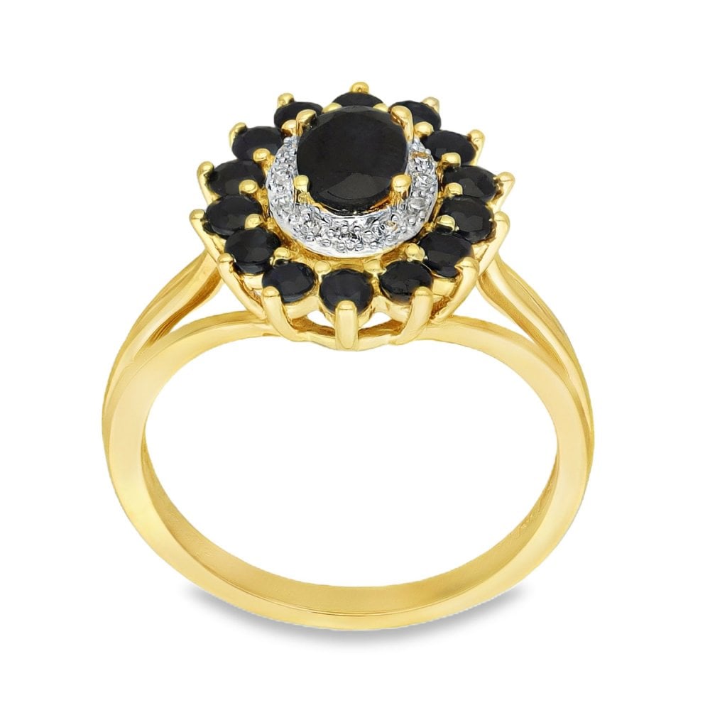 9ct Yellow Gold Sapphire & Diamond Cluster Ring - Size R - 4.7g