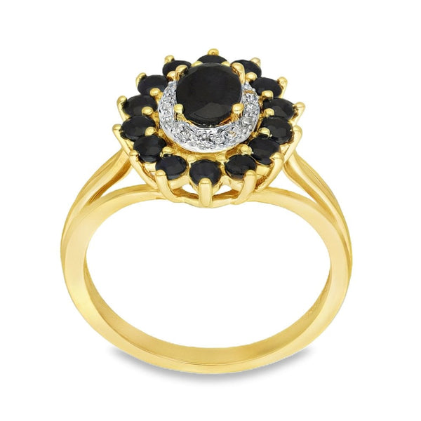 9ct Yellow Gold Sapphire & Diamond Cluster Ring - Size R - 4.7g