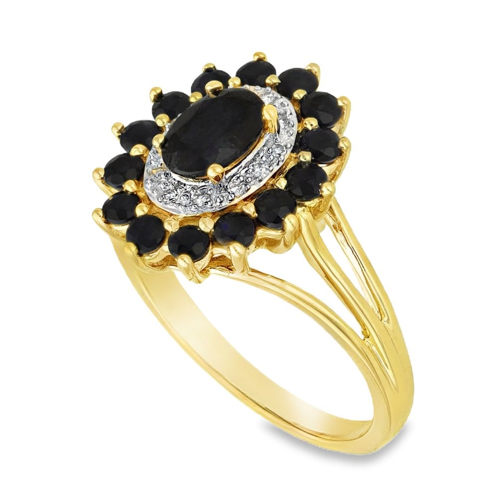 9ct Yellow Gold Sapphire & Diamond Cluster Ring - Size R - 4.7g