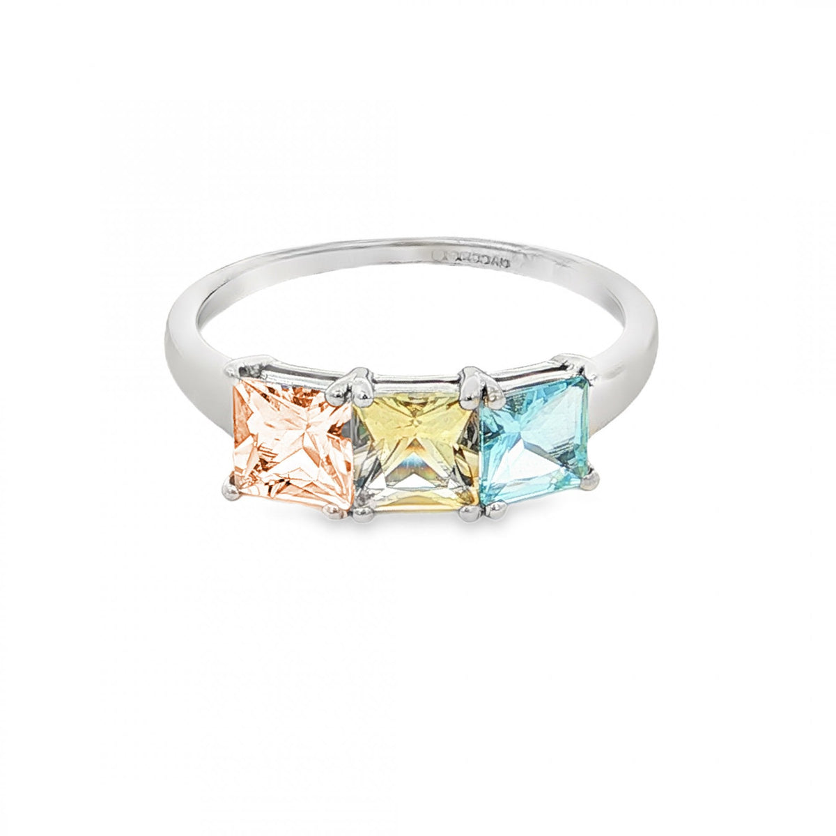 9ct White Gold Pink, Yellow & Blue CZ Trilogy Ring - 2.2g