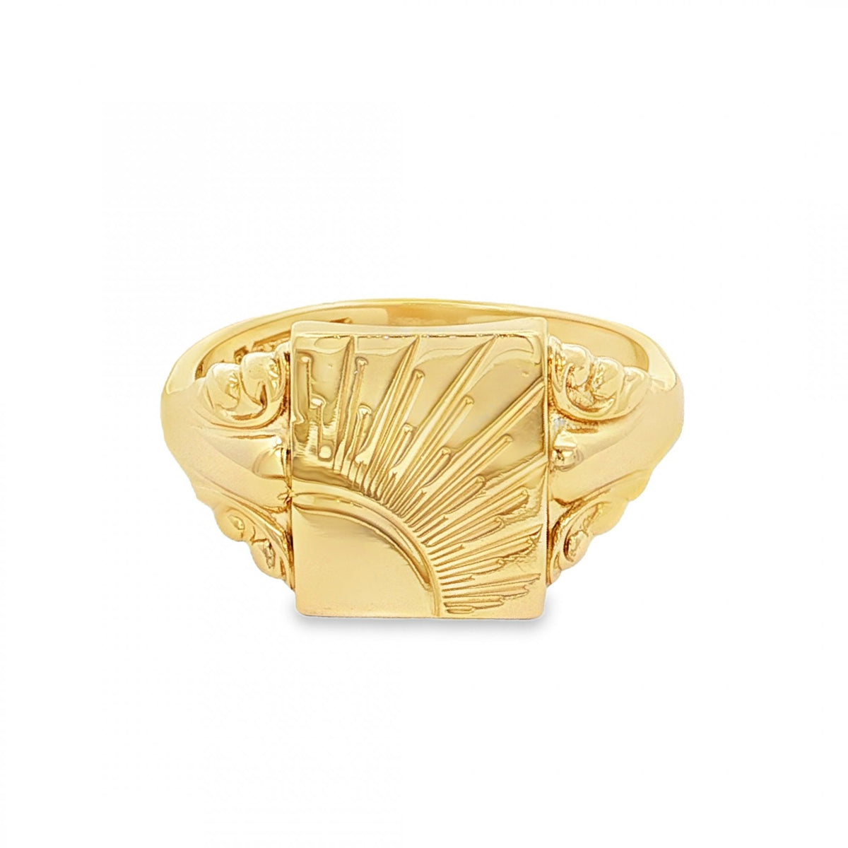 9ct Yellow Gold Sunburst-Engraved Signet Ring - Size T½ - 13mm
