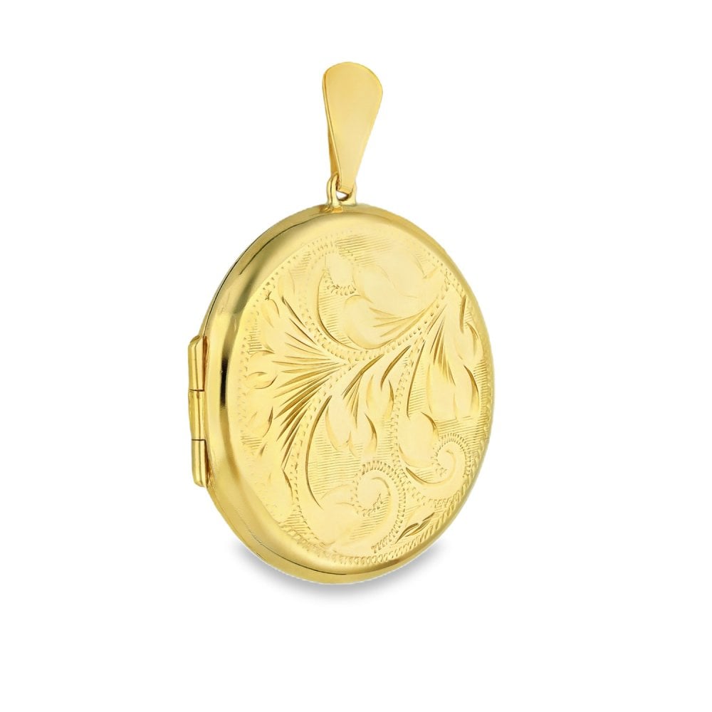 9ct Yellow Gold Round Feather-Engraved Locket - 29x31x7mm - 6.7g