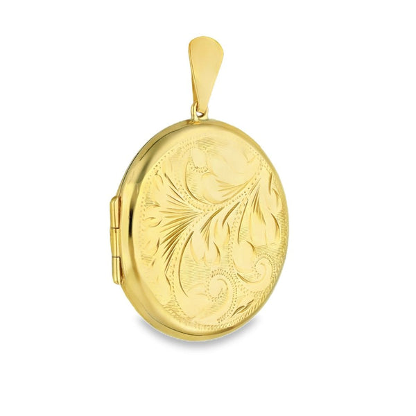 9ct Yellow Gold Round Feather-Engraved Locket - 29x31x7mm - 6.7g