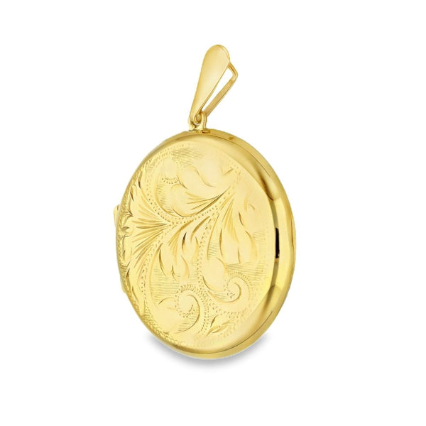 9ct Yellow Gold Round Feather-Engraved Locket - 29x31x7mm - 6.7g