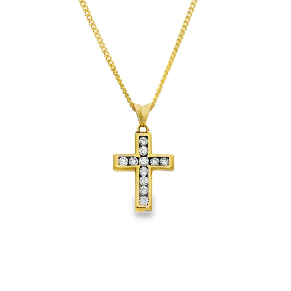 9ct Yellow Gold Diamond Cross Pendant & Necklace - 16" - 0.55ct