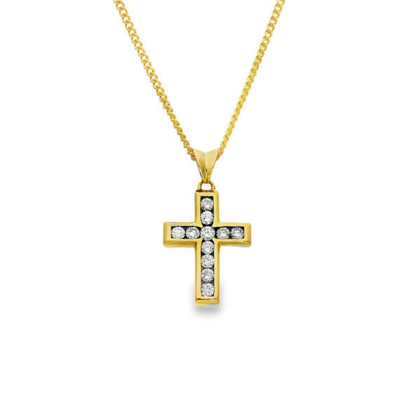 9ct Yellow Gold Diamond Cross Pendant & Necklace - 16" - 0.55ct
