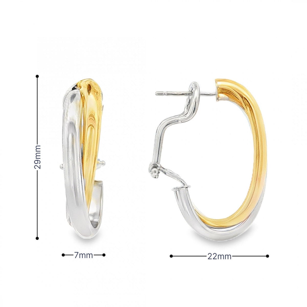 18ct Yellow & White Gold Double Crossover Hoop Earrings - 7x29mm