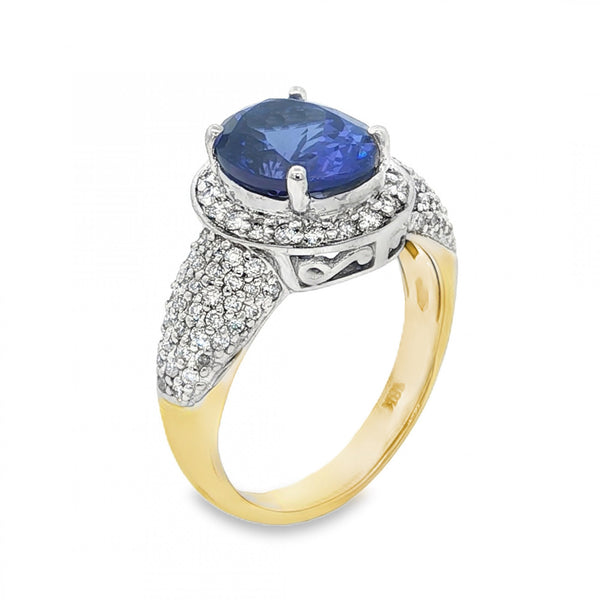 18ct Yellow & White Gold Tanzanite & Diamond Cluster Ring