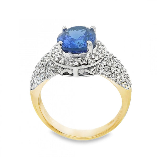 18ct Yellow & White Gold Tanzanite & Diamond Cluster Ring