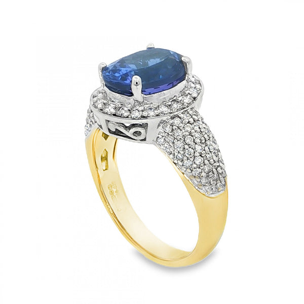 18ct Yellow & White Gold Tanzanite & Diamond Cluster Ring