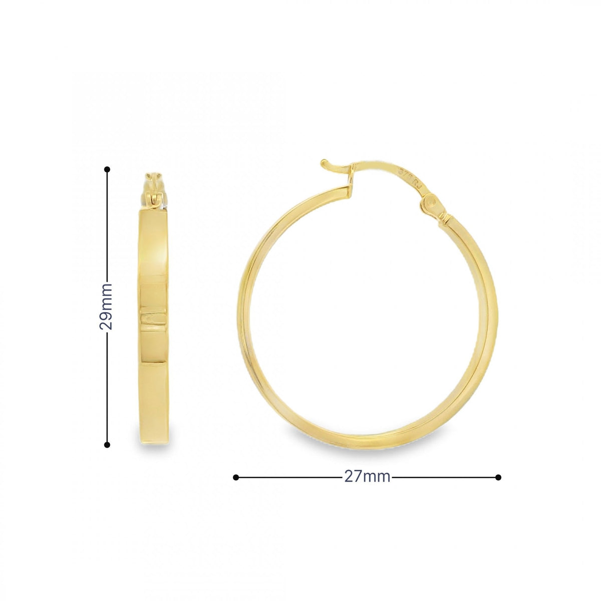 9ct Yellow Gold Round Hoop Earrings - 27x29x3mm - 2.3g