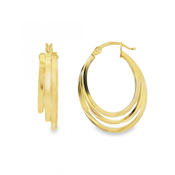 9ct Yellow Gold Triple Flat-Lay Hoop Earrings - 19x24x6mm - 2.2g