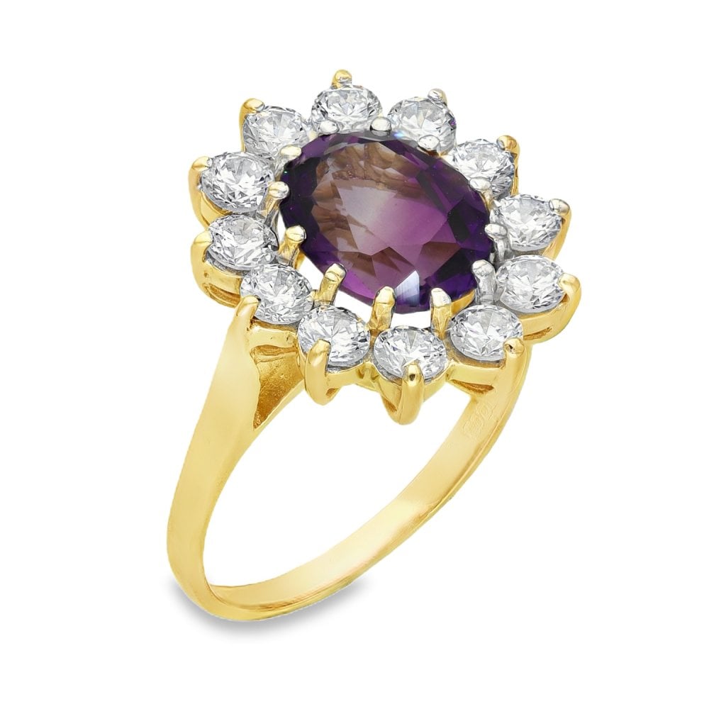 9ct Yellow Gold Oval Amethyst & CZ Cluster Ring - Size O - 4.2g
