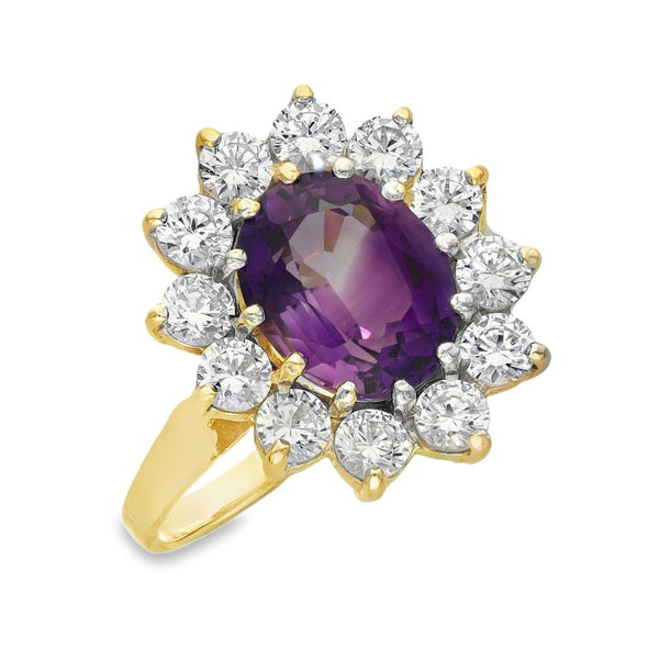 9ct Yellow Gold Oval Amethyst & CZ Cluster Ring - Size O - 4.2g