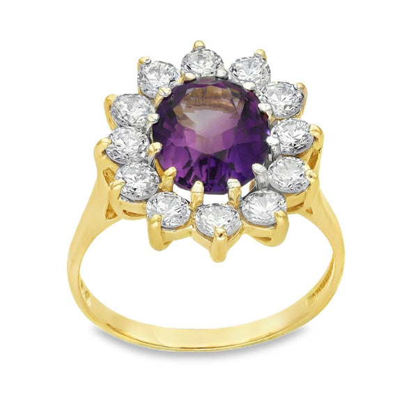 9ct Yellow Gold Oval Amethyst & CZ Cluster Ring - Size O - 4.2g