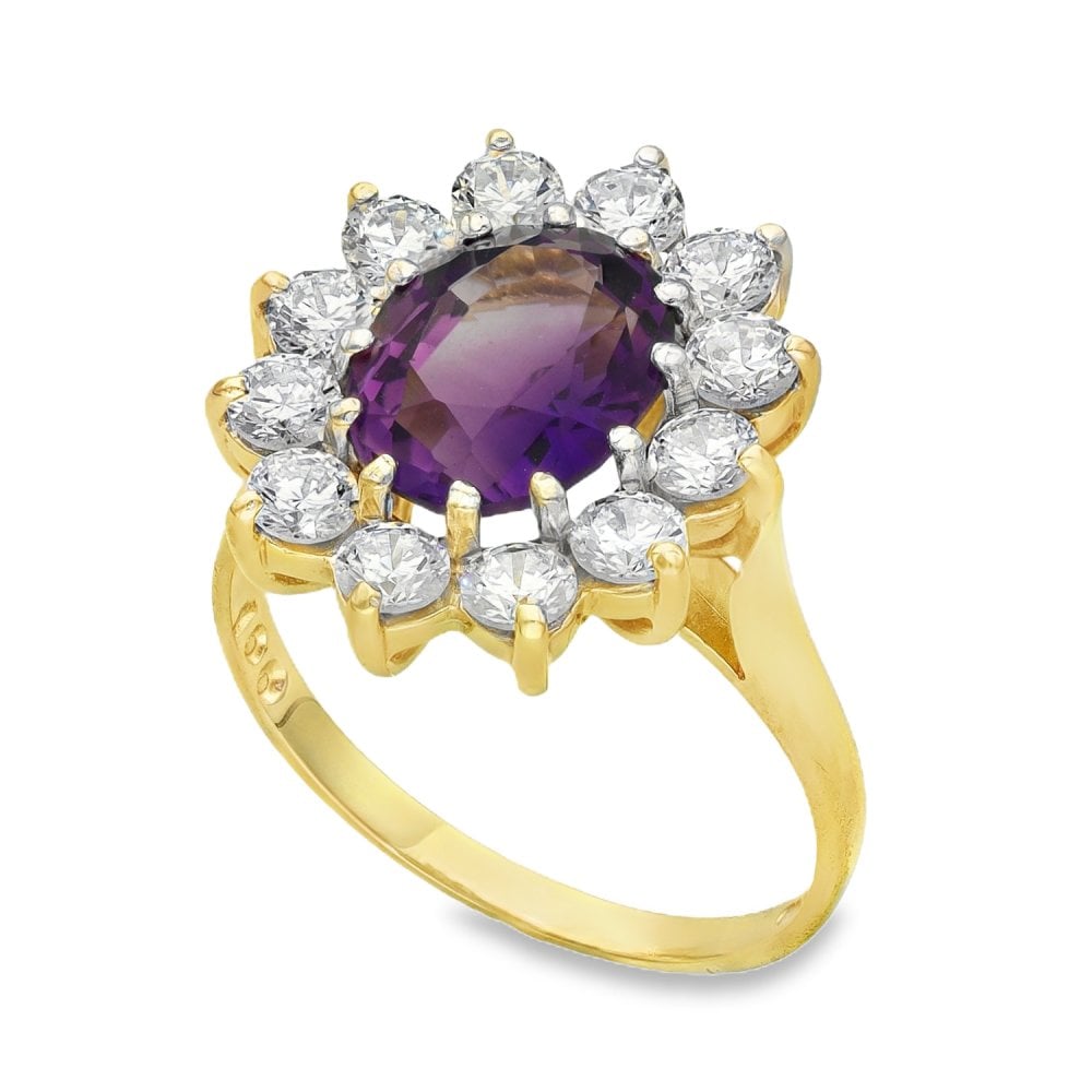 9ct Yellow Gold Oval Amethyst & CZ Cluster Ring - Size O - 4.2g