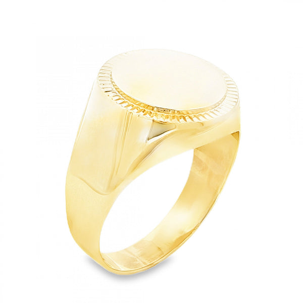 9ct Yellow Gold Ribbed Signet Ring - Size W - 18mm
