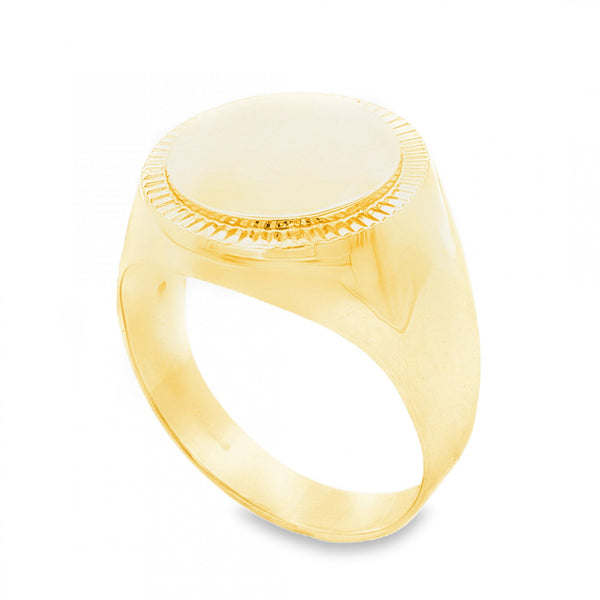 9ct Yellow Gold Ribbed Signet Ring - Size W - 18mm