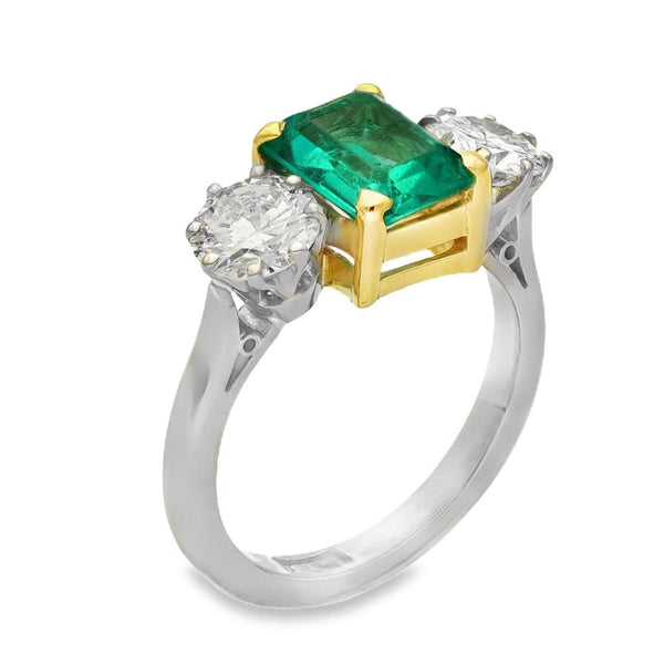 18ct Yellow Gold Emerald & Diamond Trilogy Ring - Size J -1.17ct