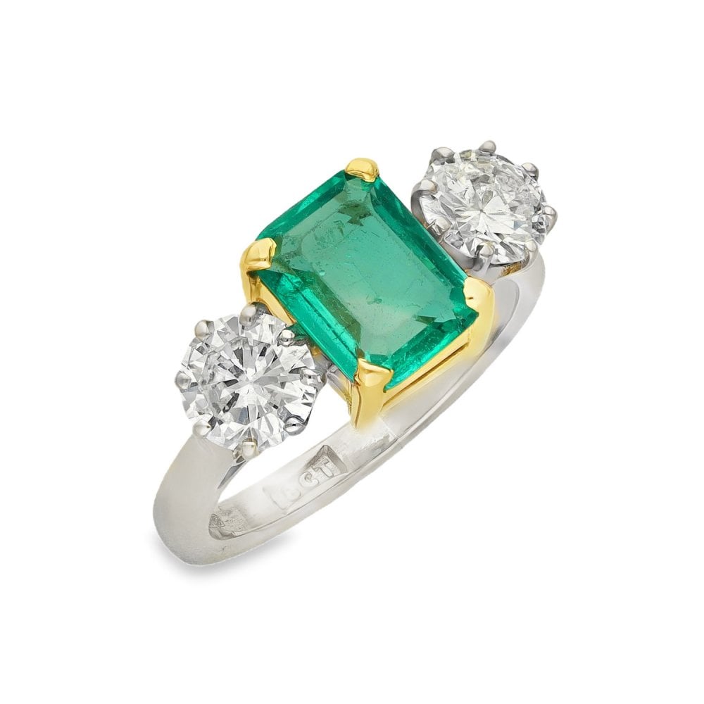18ct Yellow Gold Emerald & Diamond Trilogy Ring - Size J -1.17ct
