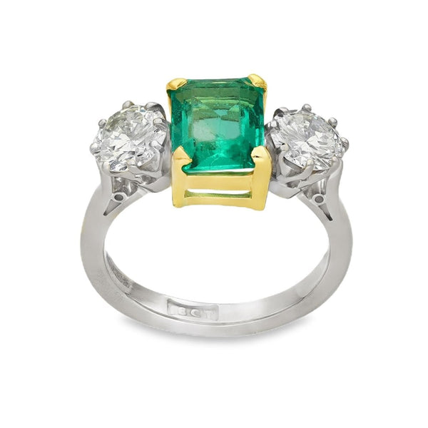 18ct Yellow Gold Emerald & Diamond Trilogy Ring - Size J -1.17ct