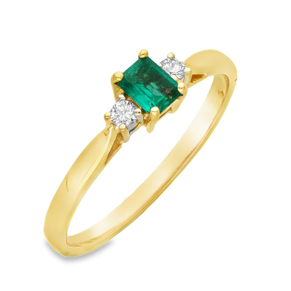 18ct Yellow Gold Emerald & Diamond Trilogy Ring - Size Q -0.08ct
