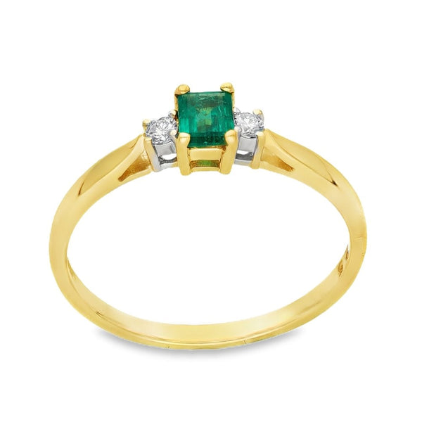 18ct Yellow Gold Emerald & Diamond Trilogy Ring - Size Q -0.08ct