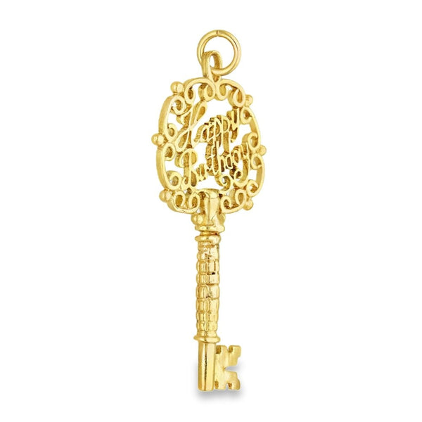 9ct Yellow Gold Filigree Birthday Key Pendant -22x45x3.5mm -4.1g