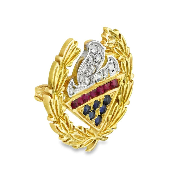 9ct Yellow Gold Diamond, Ruby & Sapphire Flame Brooch - 0.16ct