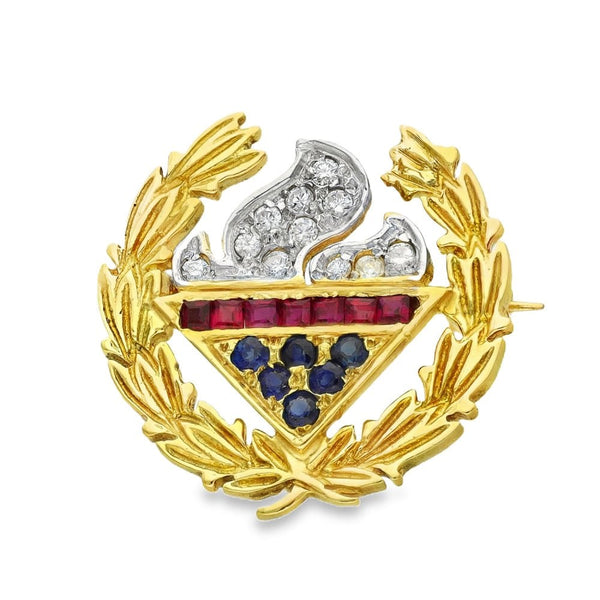 9ct Yellow Gold Diamond, Ruby & Sapphire Flame Brooch - 0.16ct