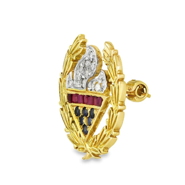 9ct Yellow Gold Diamond, Ruby & Sapphire Flame Brooch - 0.16ct