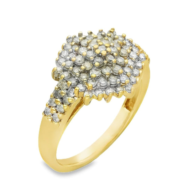 9ct Yellow Gold Diamond Cluster Ring - Size P - 1.14ct