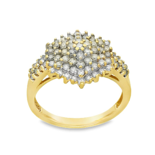 9ct Yellow Gold Diamond Cluster Ring - Size P - 1.14ct