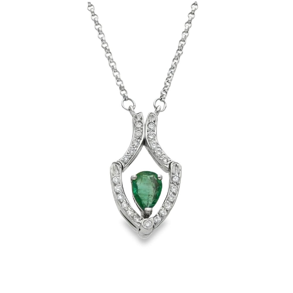 18ct White Gold Emerald & Diamond Drop Pendant & Chain - 0.24ct