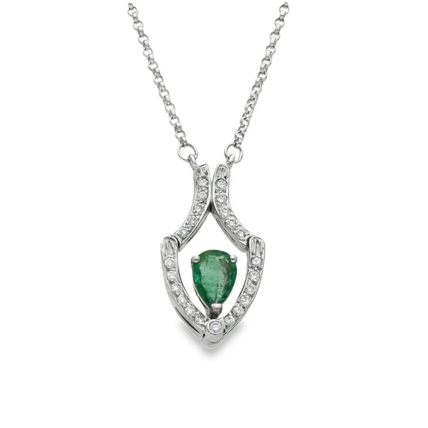 18ct White Gold Emerald & Diamond Drop Pendant & Chain - 0.24ct