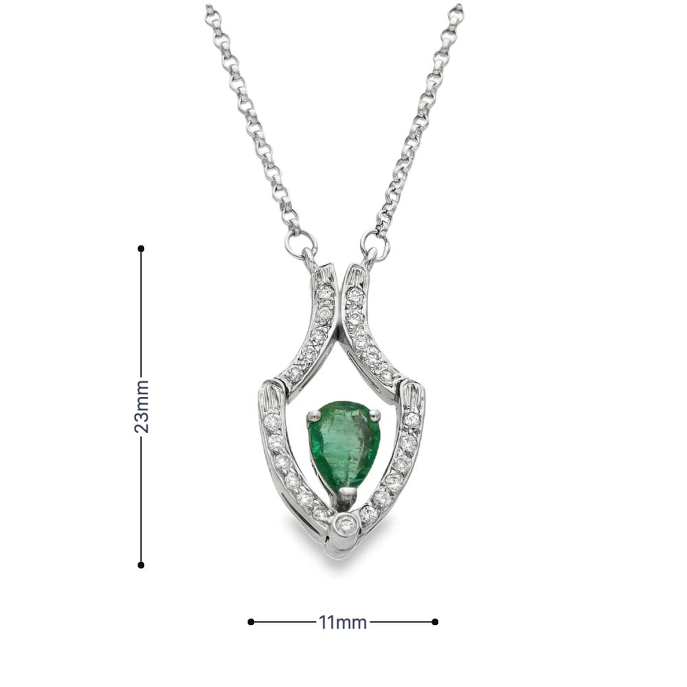 18ct White Gold Emerald & Diamond Drop Pendant & Chain - 0.24ct