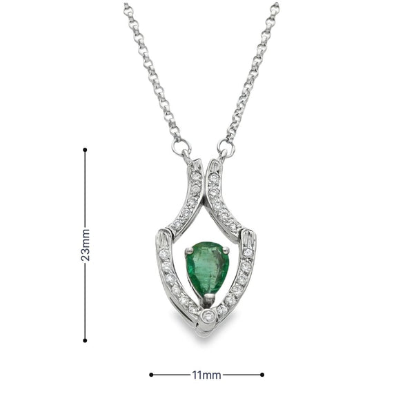 18ct White Gold Emerald & Diamond Drop Pendant & Chain - 0.24ct