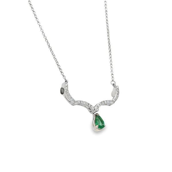 18ct White Gold Emerald & Diamond Drop Pendant & Chain - 0.24ct