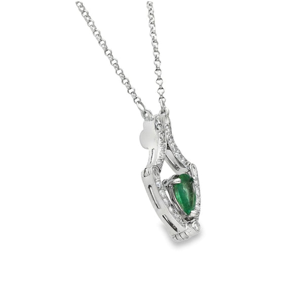 18ct White Gold Emerald & Diamond Drop Pendant & Chain - 0.24ct