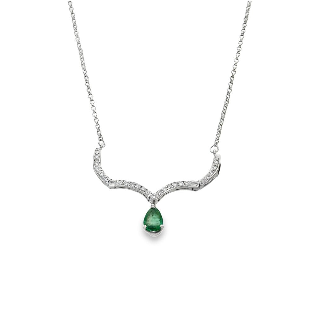 18ct White Gold Emerald & Diamond Drop Pendant & Chain - 0.24ct